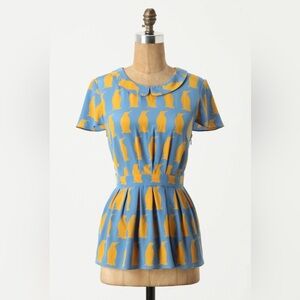 Anthropologie Blue and Yellow Penguin Print Top